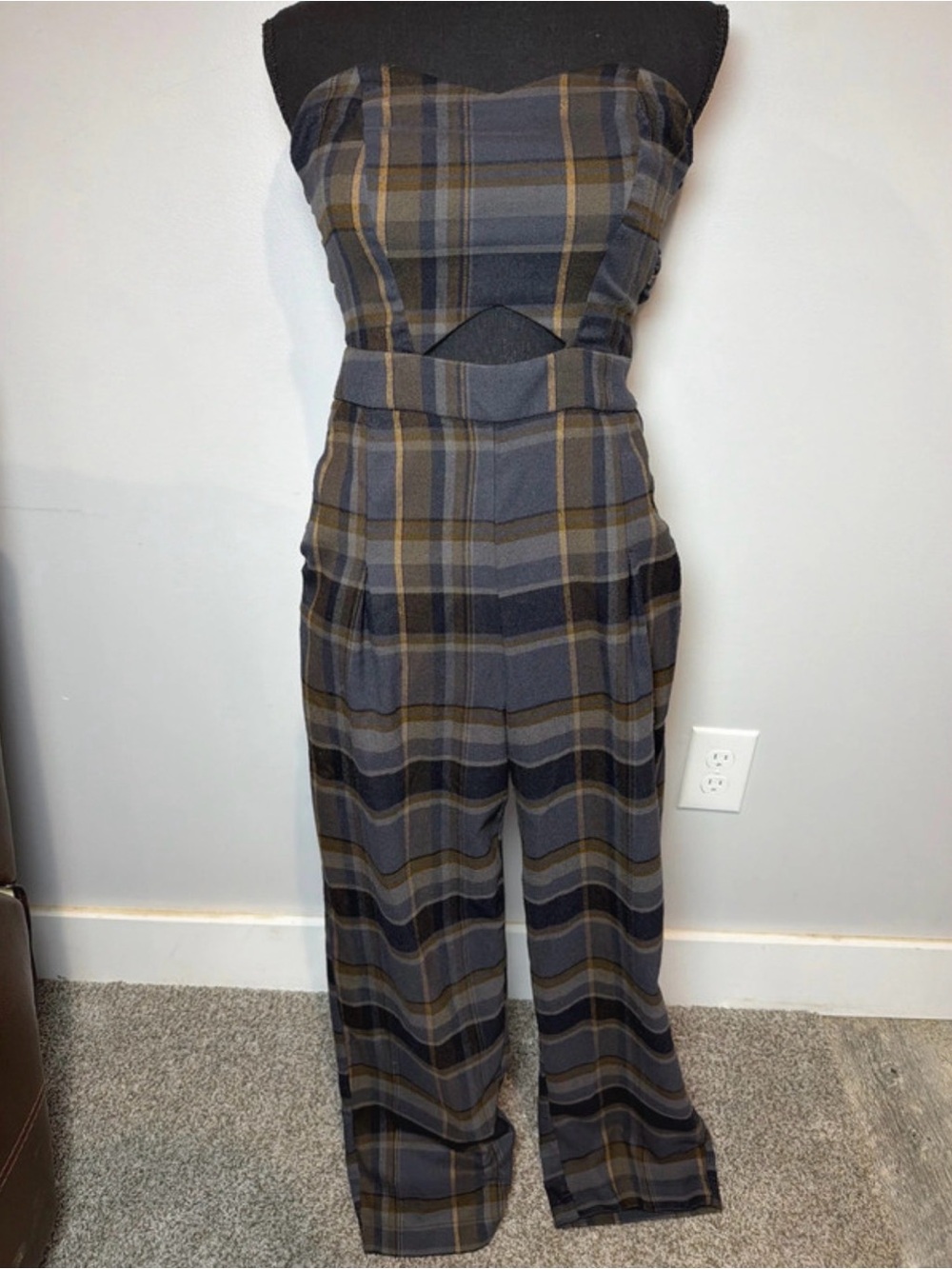 Romeo & Juliet Couture Gray and Brown Plaid Strapless Jumpsuit